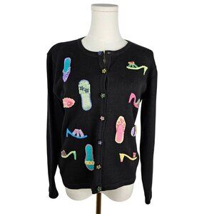 Talbots Petites Small Black Cardigan Beaded Embroidered Sandal Beach Vintage